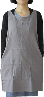 Cotton Linen Japanese Apron Halter Cross Back Bandage X Shape Aprons Two Pockets
