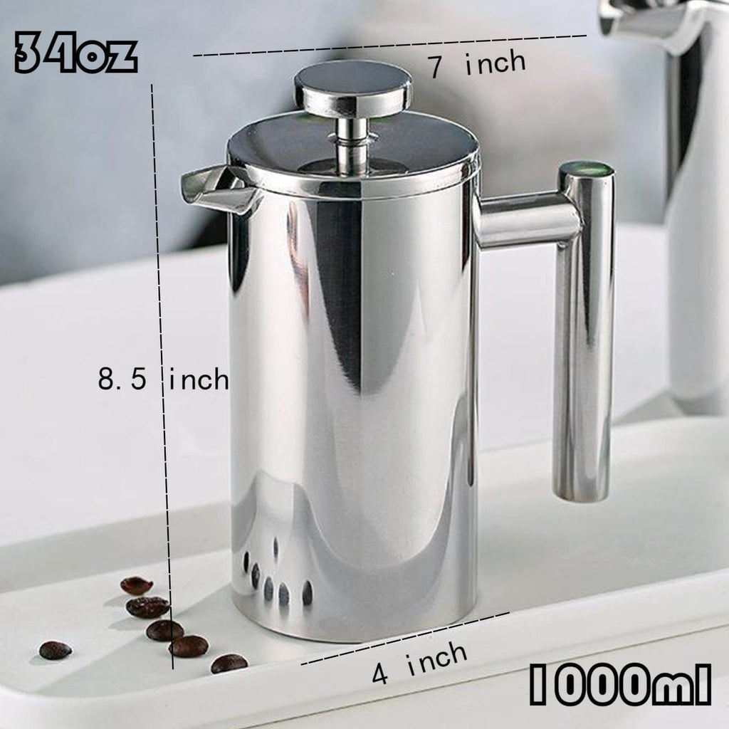 French Press Coffee Maker 3-Level Filtration Double-Walled 6MM Vacuum Insulated Keep Hot 2 Hours for Travel 32oz Polished Stainless Steel