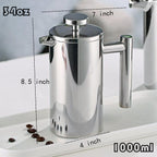 French Press Coffee Maker 3-Level Filtration Double-Walled 6MM Vacuum Insulated Keep Hot 2 Hours for Travel 32oz Polished Stainless Steel