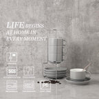 Sweejar Porcelain Espresso Cups with Saucers, 4 Ounce Stackable Cappuccino Cups with Metal Stand for Coffee Drinks, Latte, Tea - Set of 4 (Gray)