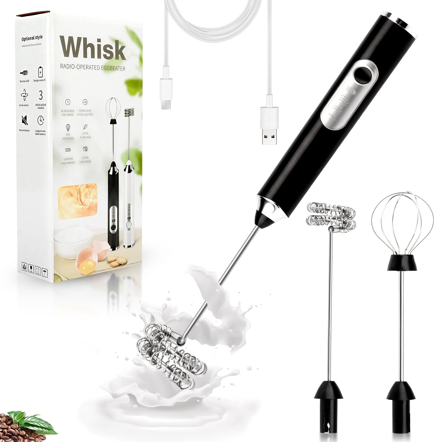 Electric Double Whisk Milk Frother Handheld Black USB Rechargeable Drink Mixer, 3 Speeds Adjustable Electric Whisk Foam Maker Detachable for Coffee, Lattes, Matcha, Hot Chocolate