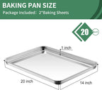 Baking Sheets Set of 2, HKJ Chef Cookie Sheets 2 Pieces Stainless Steel Baking Pans & Toaster Oven Tray Pans, Rectangle Size 20L x 14W x 1H inch & Non Toxic & Healthy & Easy Clean