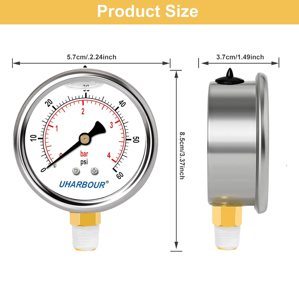 Glycerin Filled Pool Filter Pressure Gauge 60psi/4bar, Stainless Steel Case, Brass Inside Construction, 2-1/2" dial, 1/4" NPT Lower Connection Pre-Wrapped with Teflon Tape