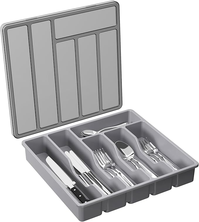 Lifewit Silverware Organizer with Lid, Covered Utensil Tray for Kitchen Drawer and Countertop, Plastic Cutlery and Flatware Storage Box for Spoons Forks Knives Holder Case, 6 Compartments, Gray