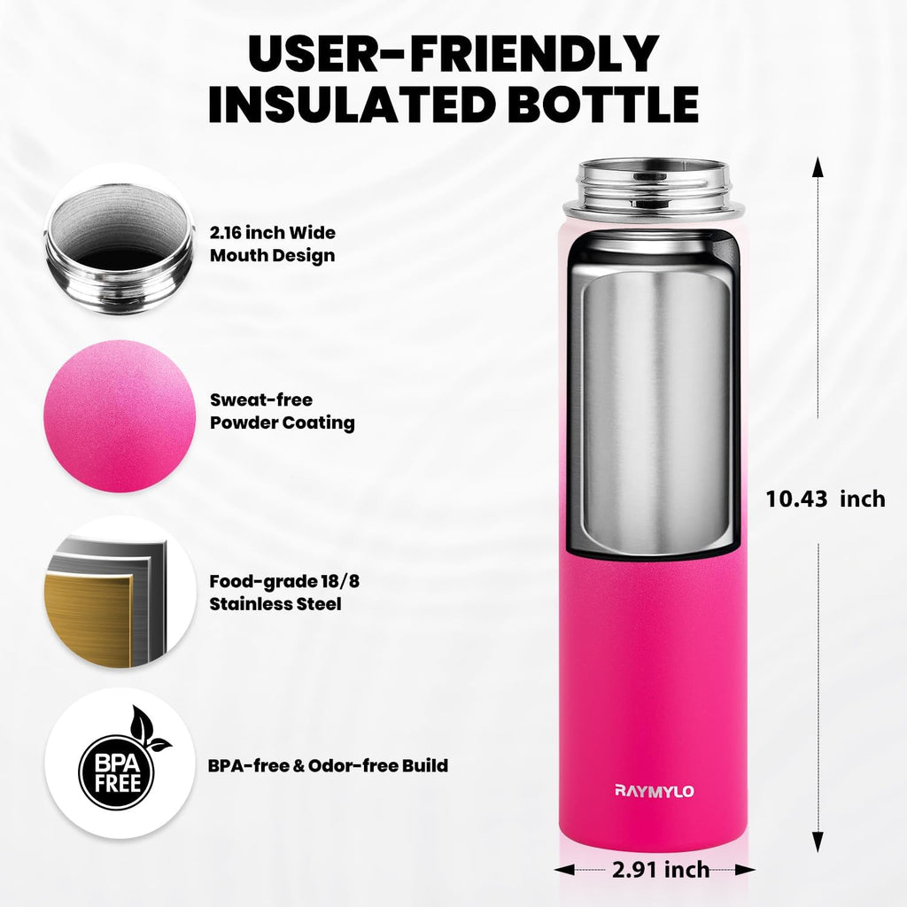Insulated Water Bottle 24oz, Triple Wall Vacuum Stainless Steel (Cold for 48 Hrs, Hot for 24Hrs), Leak Proof & Non-BPA, 24oz Hydro Water Flask with Paracord Handle & Straw Spout Lids