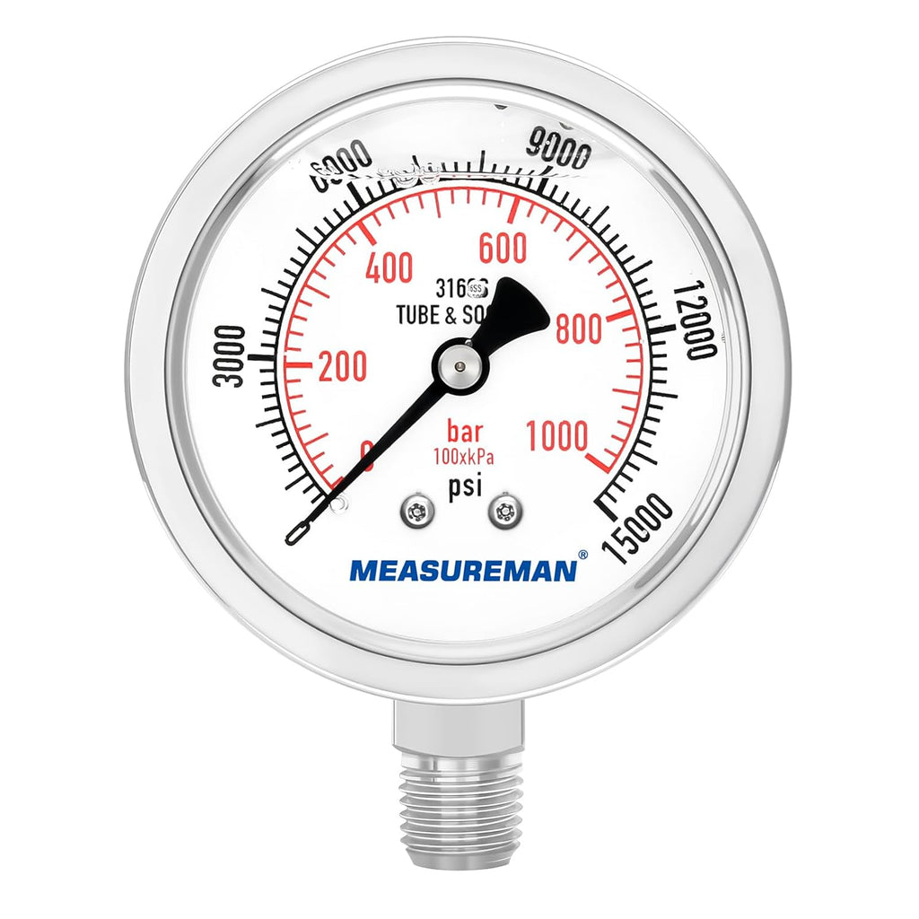 MEASUREMAN Fully Stainless Steel Hydraulic Glycerin Filled Pressure Gauge, 2-1/2" Dial Size,0-15000psi/bar,1/4" NPT Lower Mount