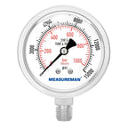 MEASUREMAN Fully Stainless Steel Hydraulic Glycerin Filled Pressure Gauge, 2-1/2" Dial Size,0-15000psi/bar,1/4" NPT Lower Mount