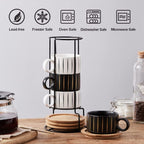 LUKA Porcelain Espresso Cup with Saucer and Metal Stand, 6 Ounce Stackable Ceramic Demitasse Espresso Mugs Cappuccino Cups Set for Latte,Coffee,Cafe Mocha,Tea(Set of 4)