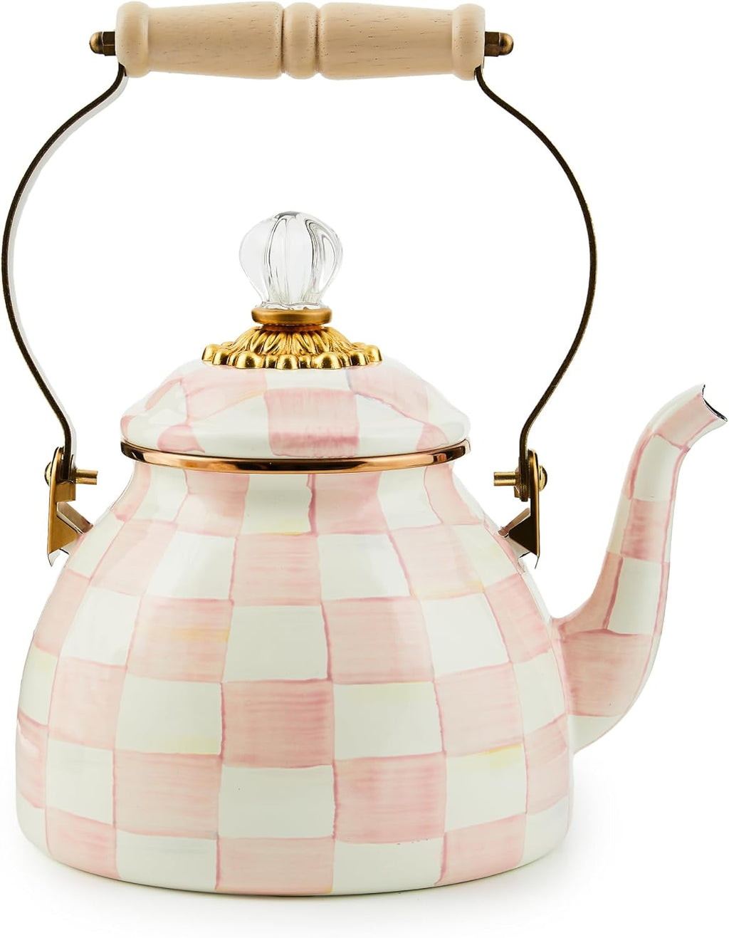 MACKENZIE-CHILDS Enamel Tea Kettle, Stylish Tea Kettle for Stovetop, Pink-and-White Rosy Check, 2 Quarts