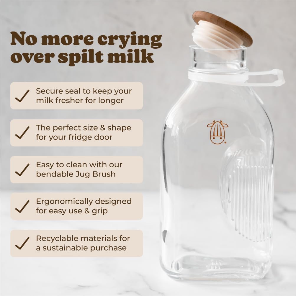 Almond Cow - Glass Pitcher with Lid and Spout, Bottle for Refrigerator, Clear Milk Jug, Food-Grade Glass Liquid Container, 60 fl oz Capacity (Pack of 8), 5 x 4 x 10 Inches