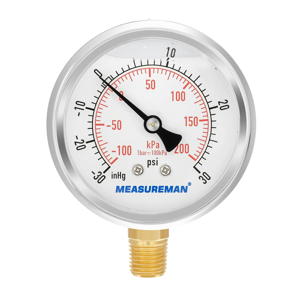 MEASUREMAN 2-1/2" dial,Glycerin Filled, Stainless Steel case, Brass Inside, 30inHg/-100kpa-0-30psi/200kpa,1/4" NPT Lower Mount