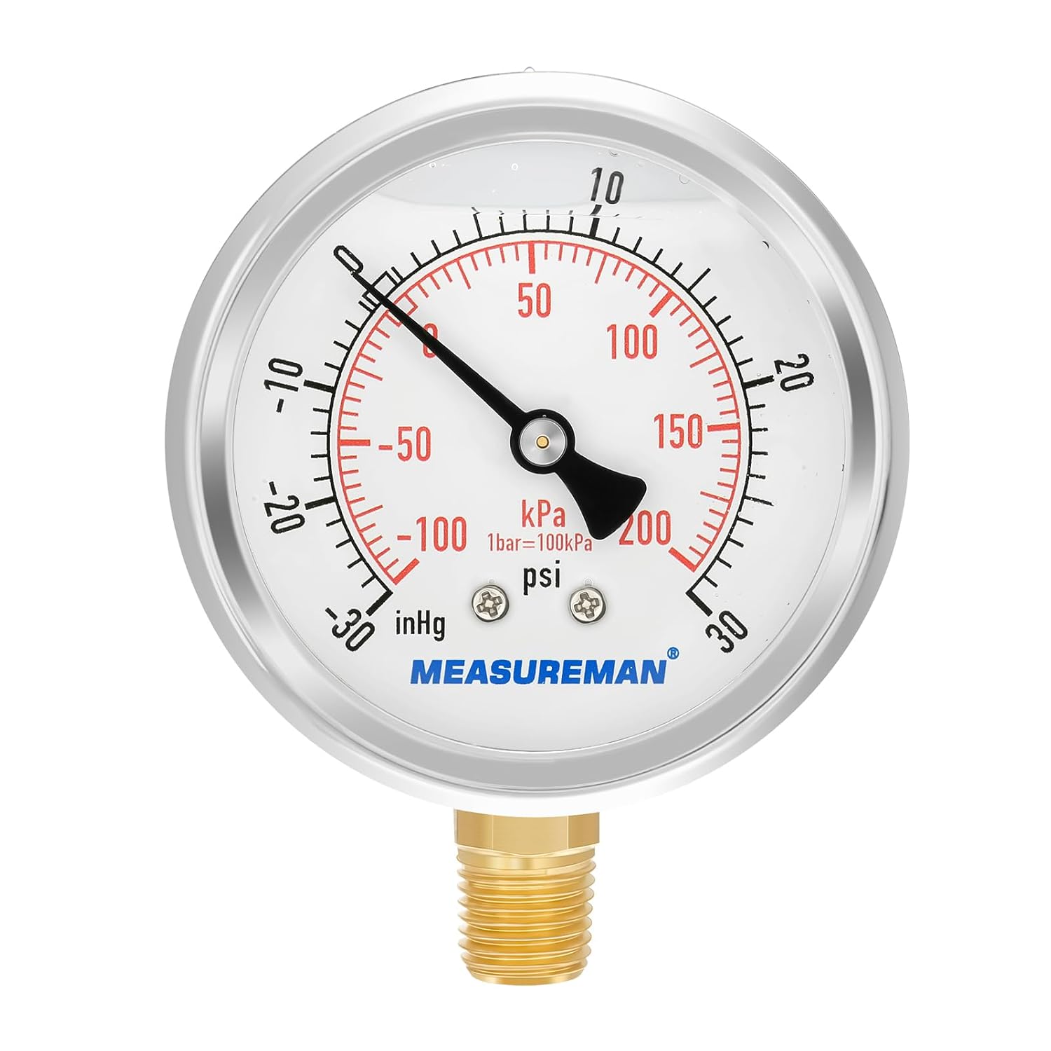 MEASUREMAN 2-1/2" dial,Glycerin Filled, Stainless Steel case, Brass Inside, 30inHg/-100kpa-0-30psi/200kpa,1/4" NPT Lower Mount
