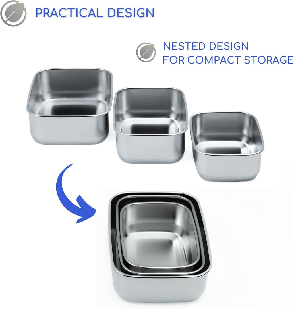 Stainless Steel Food Storage Containers with Clear Platinum Silicone Lids, Airtight, Leakproof 18/8 (304) Food Grade SS Nested 3Pk 20/30/40 oz Plastic-Free