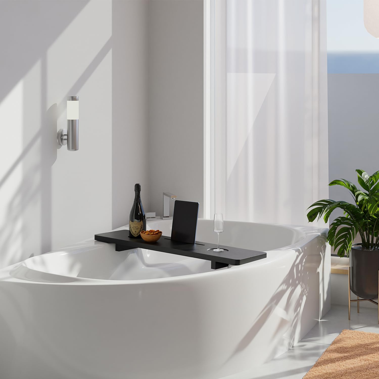 Tinamo Black Bathtub Caddy Tray Table | 35x9x2.5 Inch Large Bath Tub Tray Wooden | Anti-Tipping, Sustainable Tub Tray for Bathtub | Bathtub Accessories Holders for Bathtub (Acacia Wood)