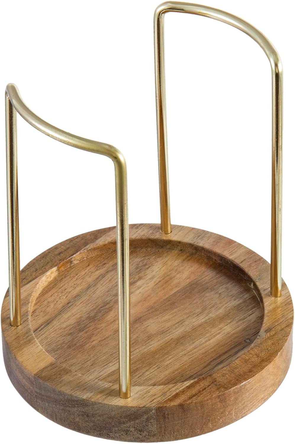 MyGift Premium Acacia Solid Wood and Brass Tone Metal Wire Countertop Plastic Cup Holder, Guest Drink Station Storage, Dispenser for Disposable Coffee Cups