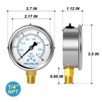 MEANLIN MEASURE 0~10Psi Stainless Steel 1/4" NPT 2.5" FACE DIAL,Liquid Filled Pressure Gauge,WOG Water Oil Air Lower Mount (Pack of 2), with 1/4" x 1/2" NPT and 1/4" x 3/8" NPT Hex Bushing