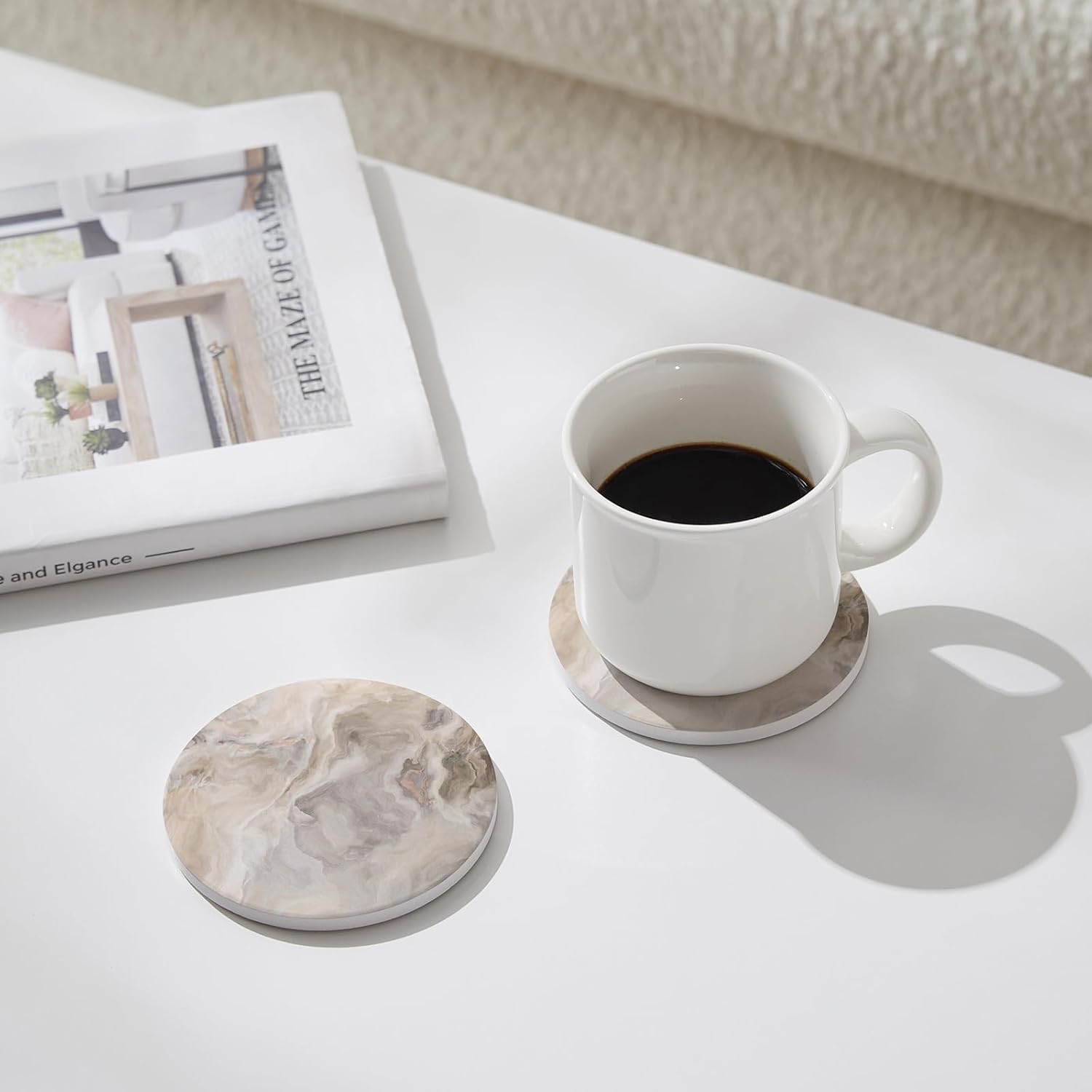 Set of 6 Abstract Marble Coasters with Holder, Absorbent Ceramic Coasters for Drinks, Coasters with Cork Backing for Table Protection, Housewarming Gifts for New Home