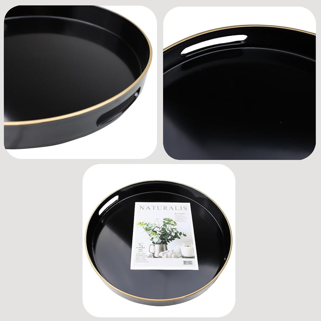 Black Round Decorative Tray with Handles, 13" Versatile Serving Tray for Coffee Table, Ottoman, Ideal for Serving, Displaying, Organizing