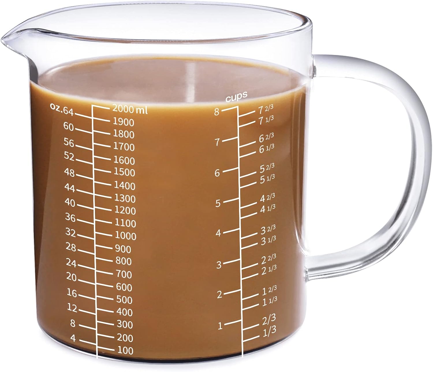77L Glass Measuring Cup, [Insulated handle, V-Shaped Spout], High Borosilicate Glass Measuring Cup for Kitchen or Restaurant, Easy To Read, 2000 ML (2 Liter, 8 Cup)