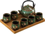 KEYDUACU Japanese Tea Set, Kiln-Formed Ceramic Tea Set, Plum Blossom Embossed, Includes 1 Teapot, 6 Teacups,Tea Tray,Strainer, Used for home, outdoor, gift, Chinese Kung Fu Tea Set(FDMH-GREEN)