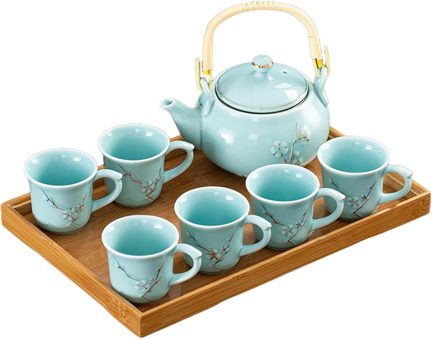 KEYDUACU Japanese Tea Set, Celadon Ceramic Tea Set, Plum Blossom Embossed, Includes 1 Teapot, 6 Anti-scald Teacups,Tea Tray,Strainer, Home, Outdoor, Gift, Chinese Kung Fu Tea Set(FDMH-FT-CYAN)