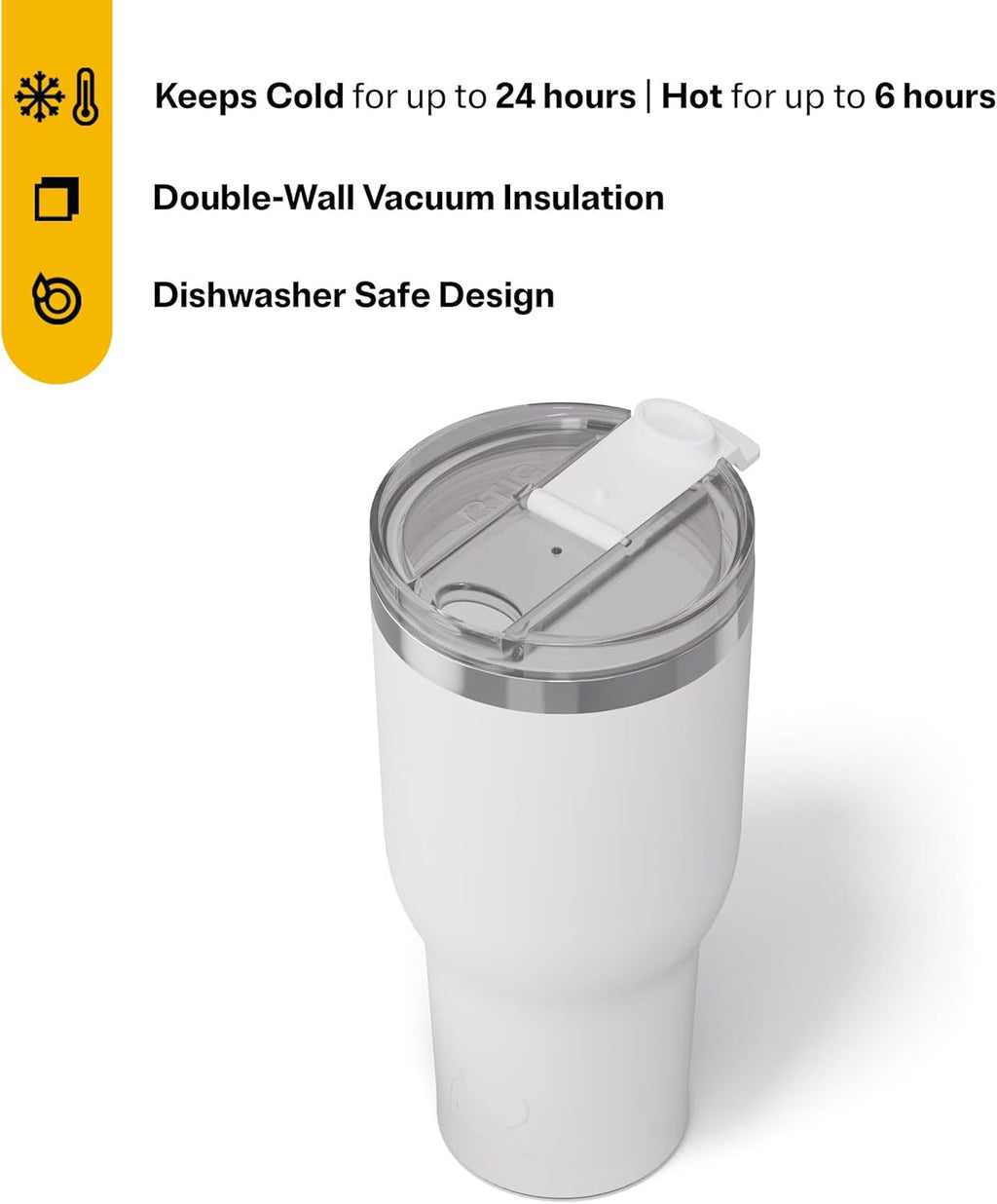 RTIC 40oz Essential Tumbler with Lid, Insulated, Stainless Steel, Metal, Double Wall Vacuum-Insulation, Ceramic Lined, Travel Cup for Iced Coffee, Tea, Hot and Cold Drink, White