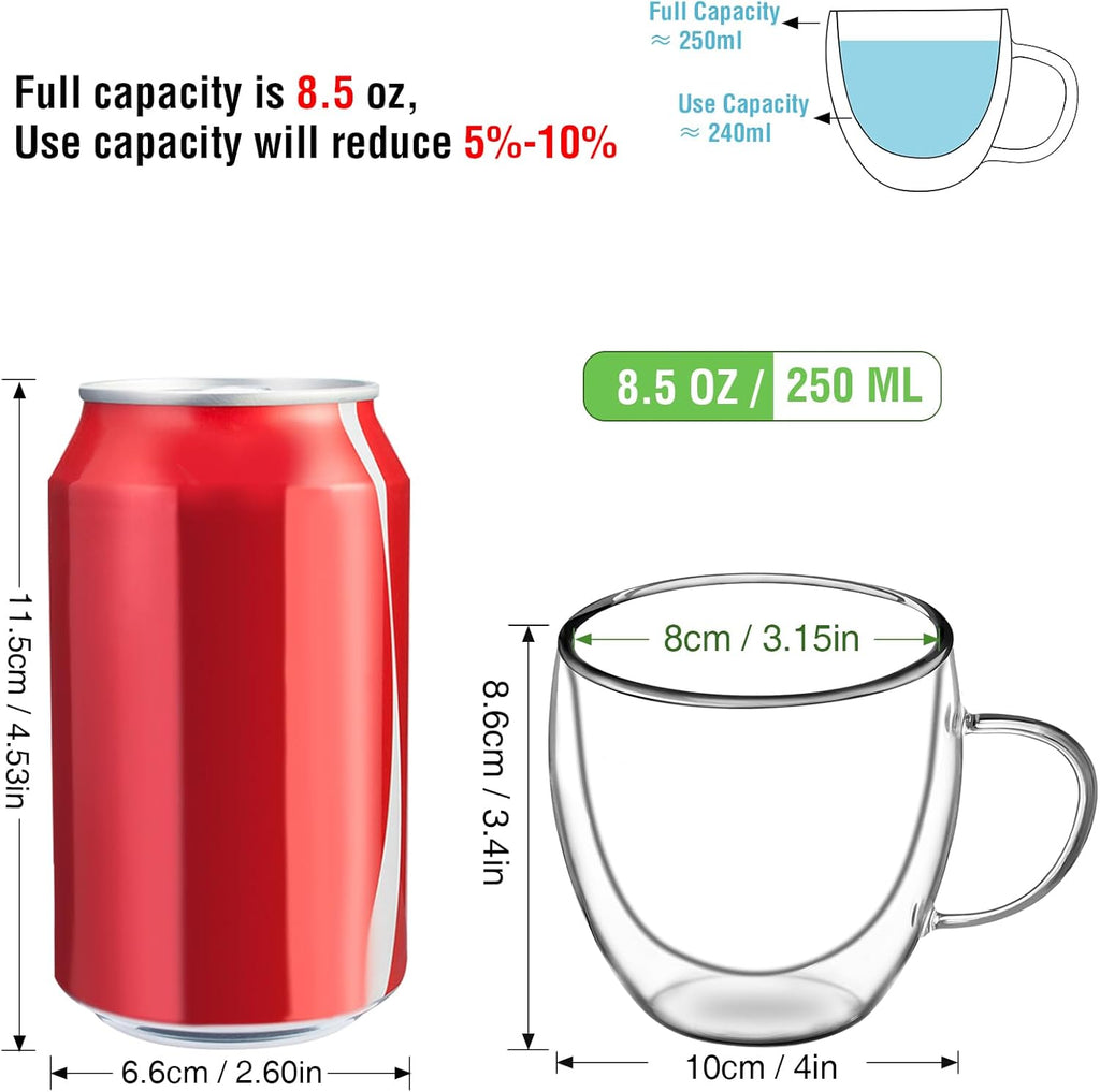 Glass Coffee Cups Set of 2, 8.5oz Double Walled Glass Mugs with Handles, Clear Insulated Coffee Mug Espresso Cups, Cappuccino Latte Tea Cups Set, Heat Resistant Borosilicate Clear Glasses