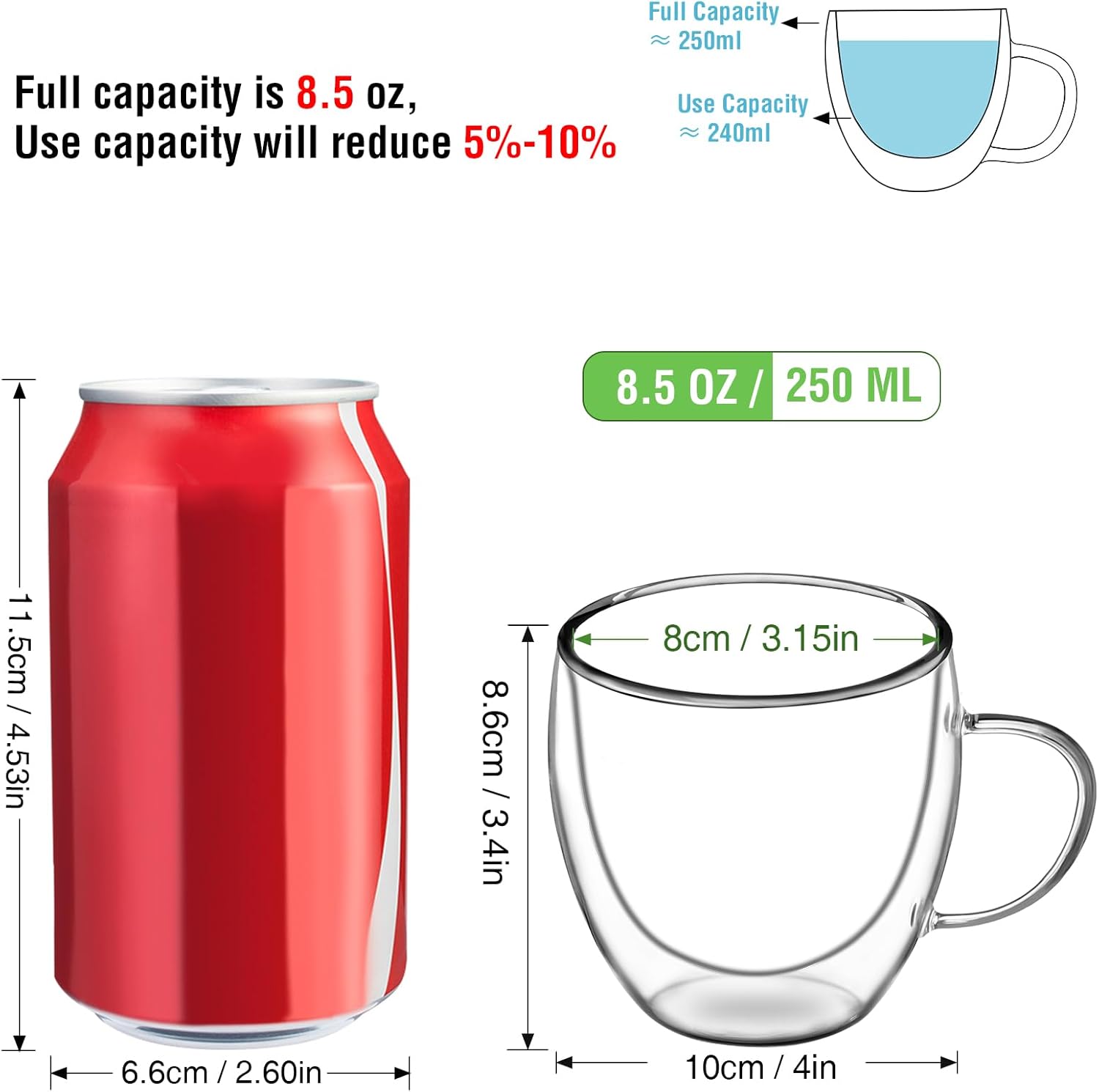 Glass Coffee Cups Set of 4, 8.5oz Double Walled Glass Mugs with Handles, Clear Insulated Coffee Mug Espresso Cups, Cappuccino Latte Tea Cups Set, Heat Resistant Borosilicate Clear Glasses