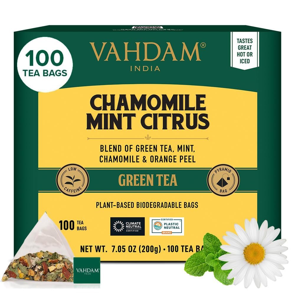 VAHDAM, Chamomile Mint Citrus Green Tea Bags (100 Count) Low Caffeine, Non GMO, Gluten Free | Sweet & Floral | Resealable Ziplock Pouch | Chamomile Tea Bags