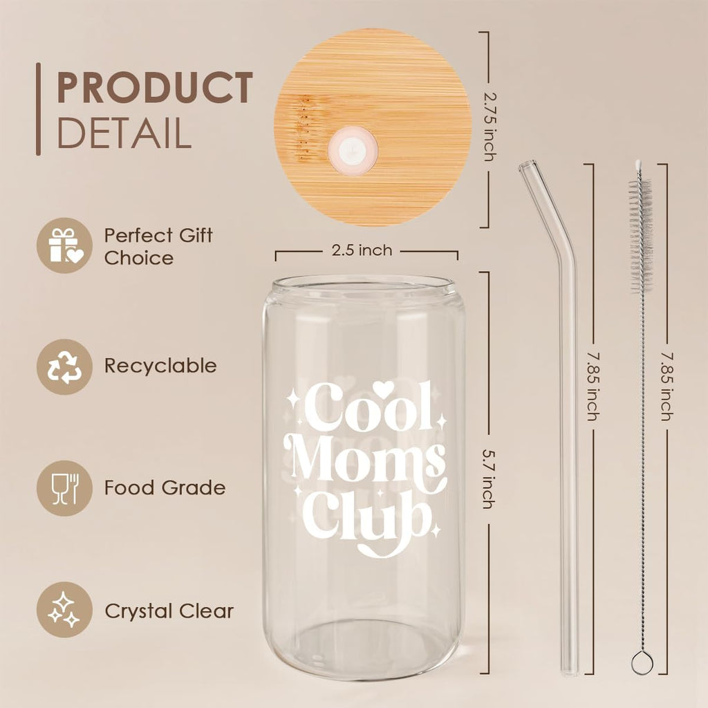 SANDJEST Mom Glass Can, Cool Mom Club Cup with Lid & Straw, Iced Coffee Aesthetic Cups, Idea Gift for Christmas Birthday Mother Day, Gifts for Women, 16oz