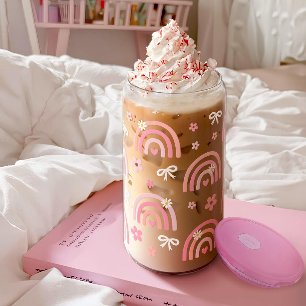 Rainbow 16oz Can Glass Tumbler with Acrylic Lid & Straw, Iced Coffee Cup for Women Girls, Aesthetic Cups Gifts for Birthday Christmas
