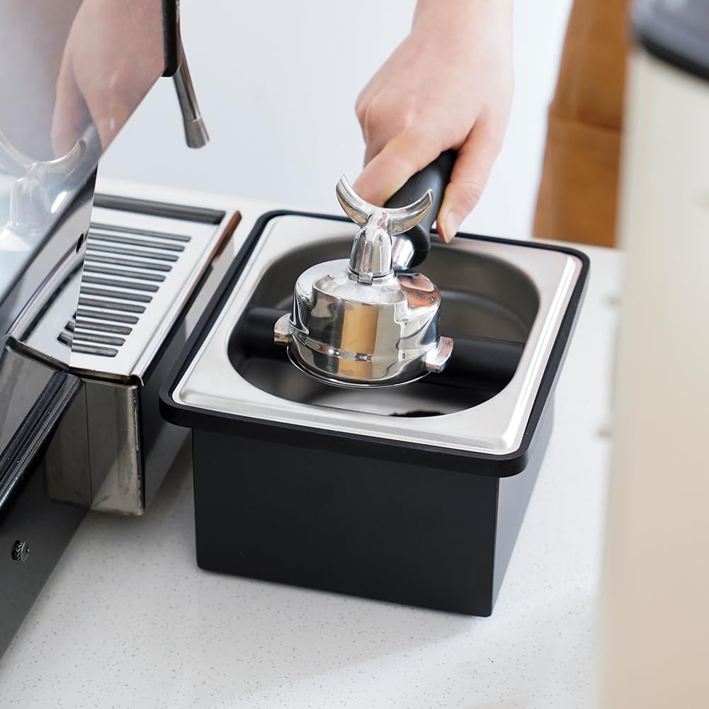 watchget Espresso Coffee Knock Box Durable Stainless Steel Dump Bin for Coffee Pucks Container with Removable Non-Slip Base Coffee Grounds Container for Home/Cafe, Small