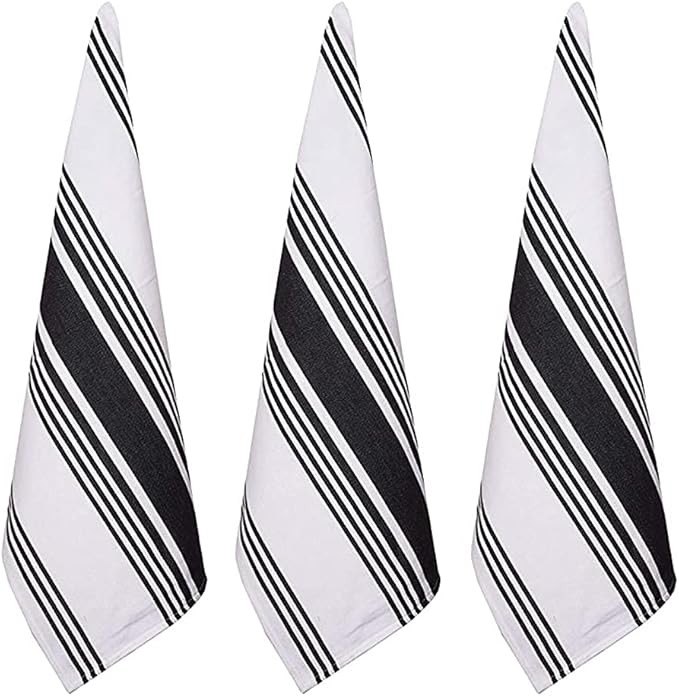 Urban Villa Kitchen Towels 100% Cotton Dish Towels for Kitchen (Set of 3)20”x30” Dish Cloths Highly Absorbent Kitchen Linen Set with Hanging Loop Perfect for Drying Dishes Cleaning Towels-Black White