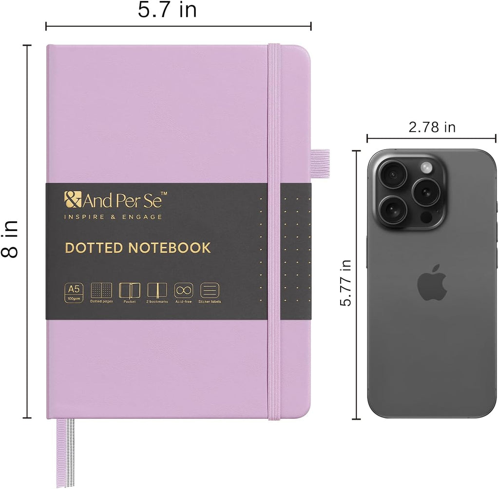 &And Per Se Dotted Journal Notebook, A5 Hardcover Leather Bullet Dotted Journal, 160 Pages 100 gsm Thick Dotted Paper，3 Sheets of Stickers Included - 5.7'' x 8'' (Light lavender)