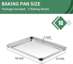 Baking Sheets Set of 2, HKJ Chef Cookie Sheets 2 Pieces & Stainless Steel Baking Pans & Toaster Oven Tray Pans, Rectangle Size 16 x 12 x 1 inch, Non Toxic & Healthy & Easy to Clean