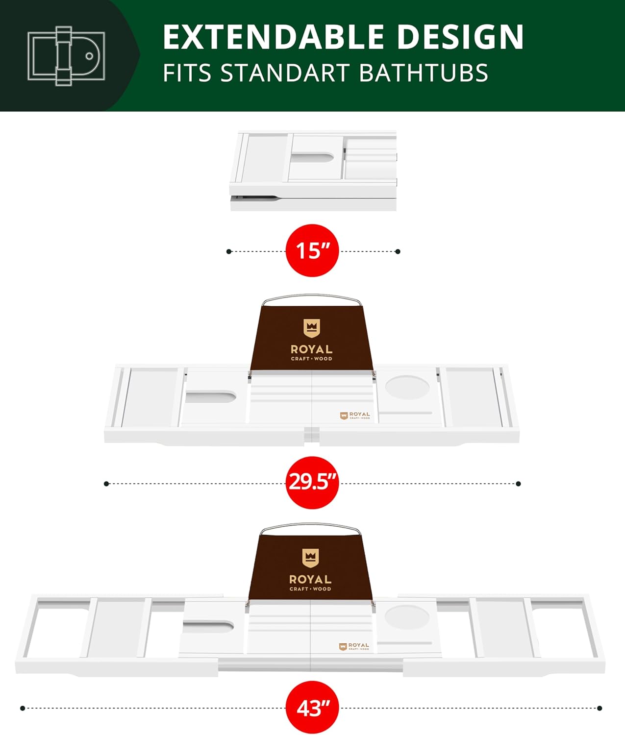 ROYAL CRAFT WOOD Premium Foldable Bathtub Tray - Wood Bath Tray for Tub, Bamboo Shelf, Expandable Bath Table Trays, Bathtub & Bathroom Accessories for New Home & Mothers Day & Birthday Gifts for Mom