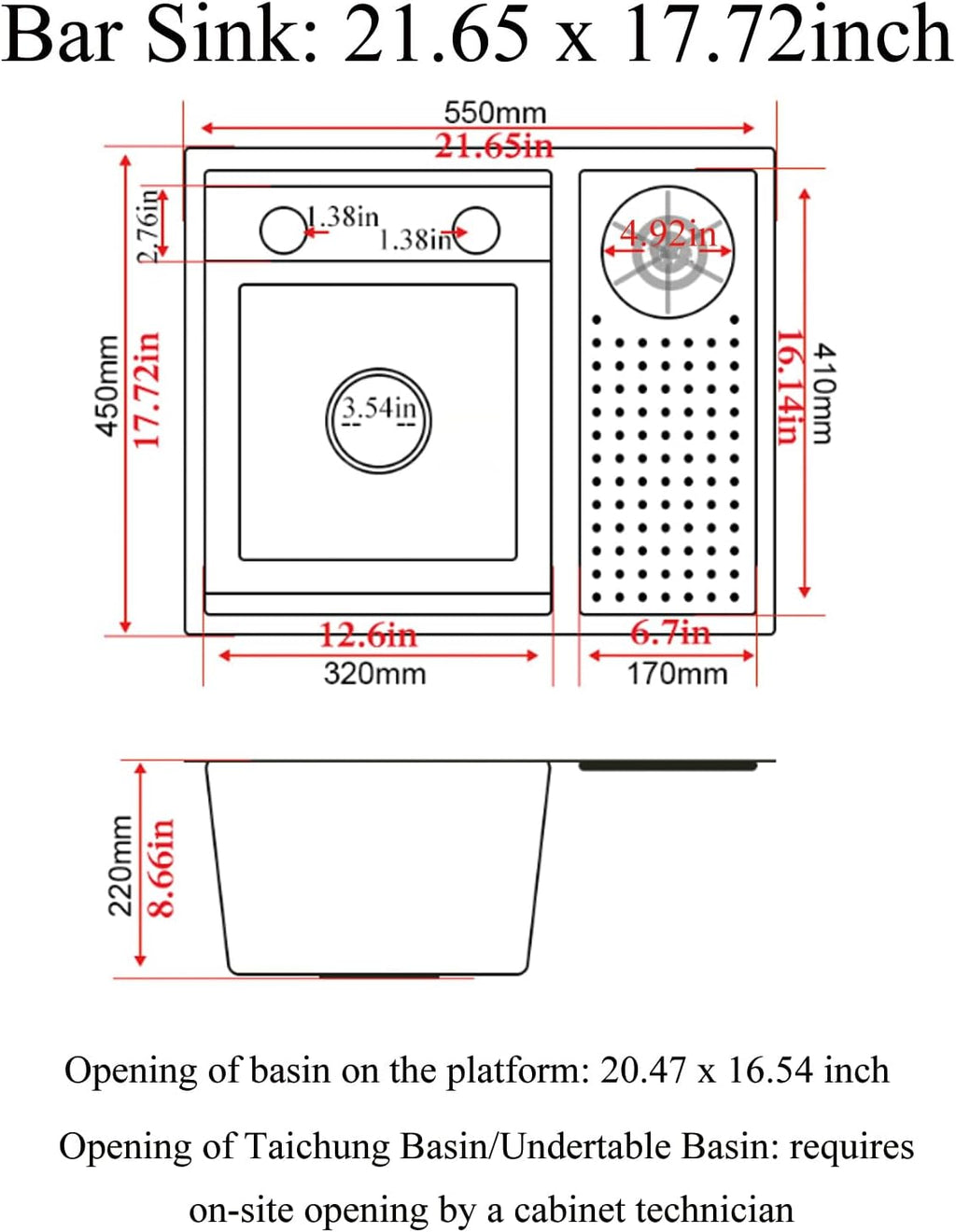 Bar Sink 21.6 x 17.7 Inch Topmount Smart Kitchen Sinks Stainless Steel Western Kitchen Sink Center Island Single Bowl Workstation with Press Cup Washer