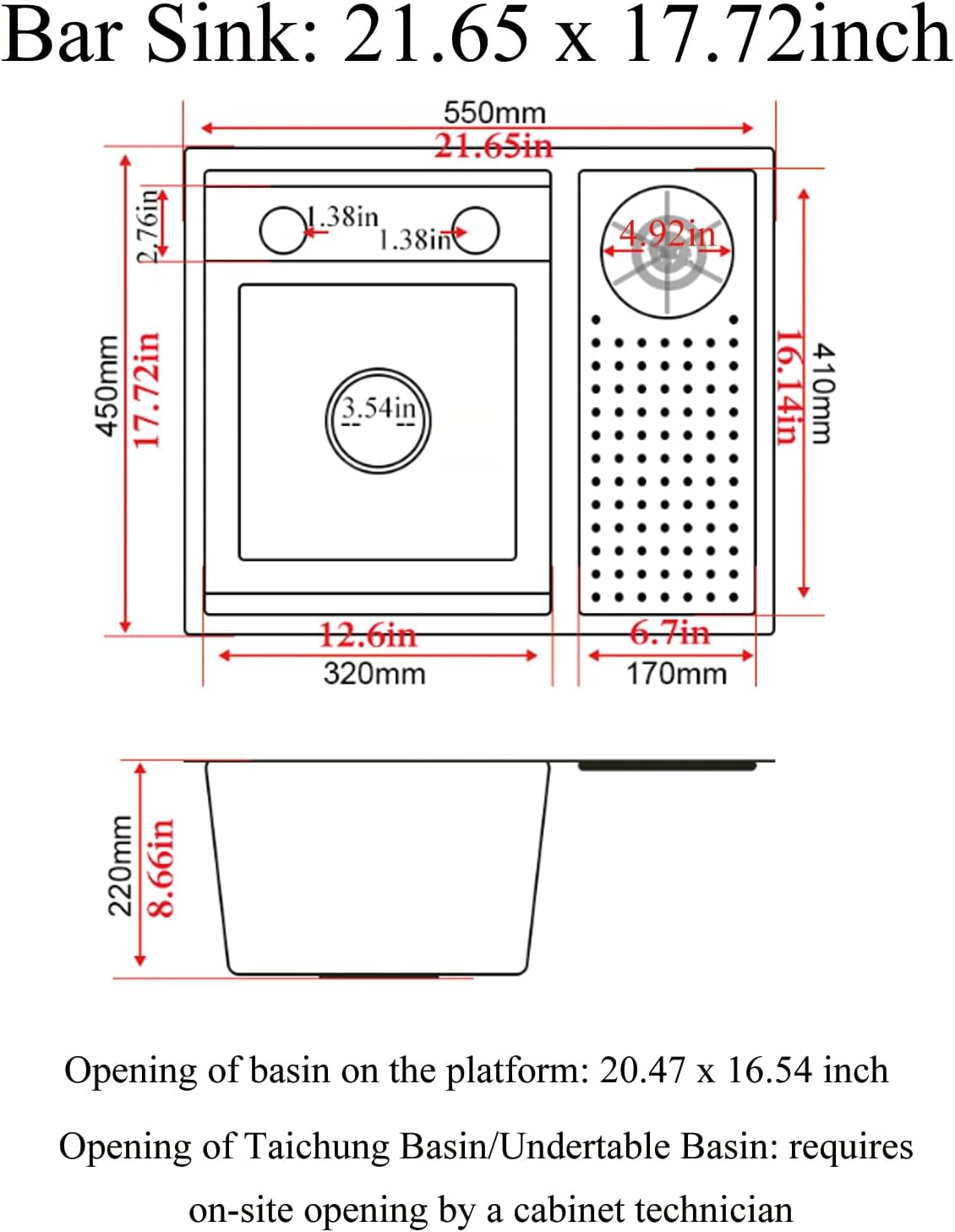 Bar Sink 21.6 x 17.7 Inch Topmount Smart Kitchen Sinks Stainless Steel Western Kitchen Sink Center Island Single Bowl Workstation with Press Cup Washer