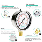 ELECALL 2-1/2” Glycerin Liquid Filled Air Pressure Gauge, 0-200Psi, 1/4” NPT Lower Mount, Stainless Steel Case, Brass Internals, Water Pressure Gauge
