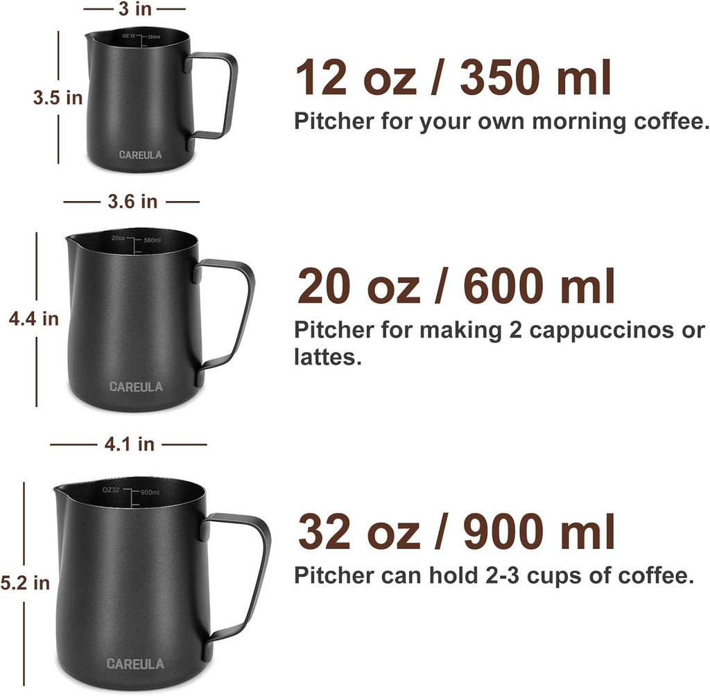 Milk Frothing Pitcher, 20oz Stainless Steel Milk Frother Cup Steaming Pitcher, Coffee Bar Cappuccino Espresso Machine Accessories Barista Tools, Metal Pitcher Milk Jug with Latte Art Pen, Matte Black