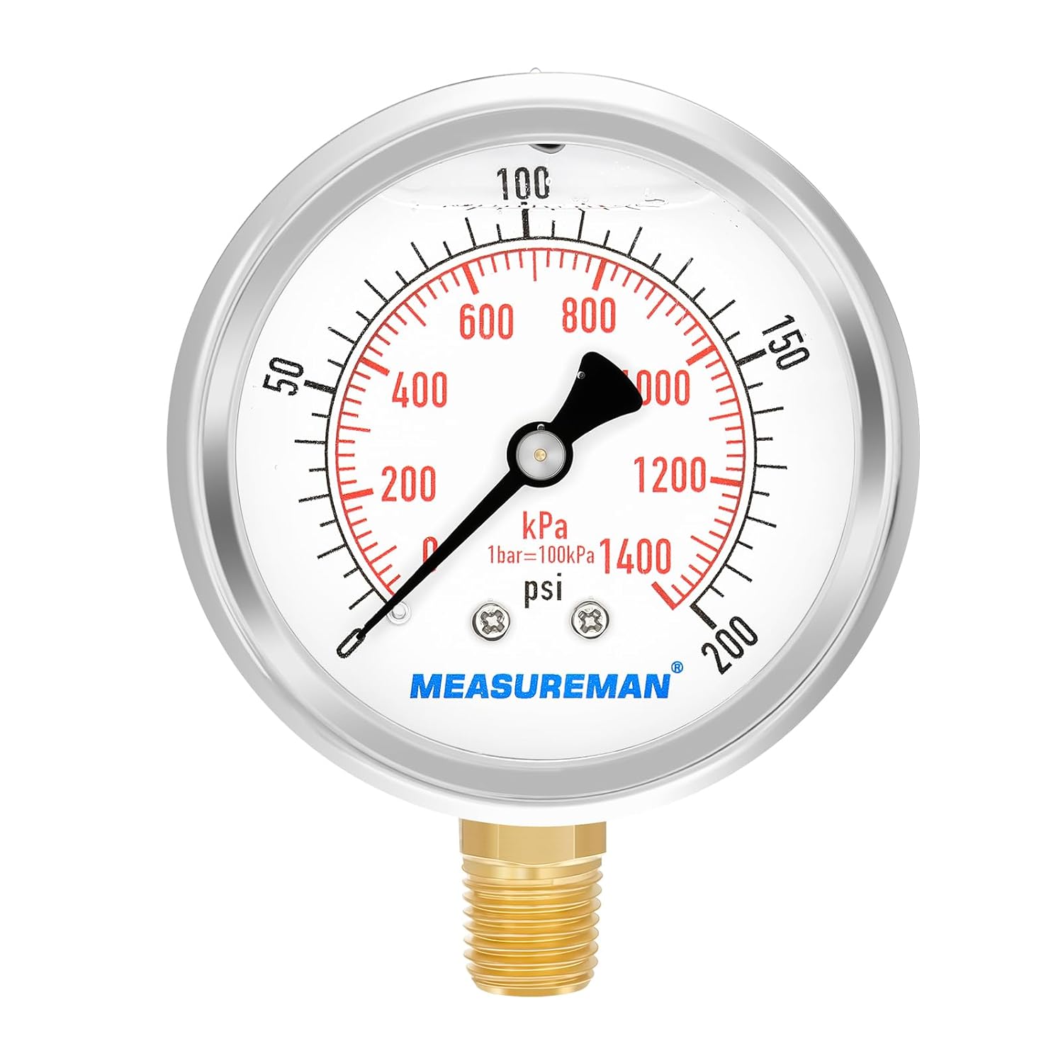 MEASUREMAN 2-1/2inch Dial Size, Liquid Filled Pressure Gauge, 0-200psi/kpa, 304 Stainless Steel Case, 1/4 inchNPT Lower Mount