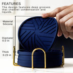 Coasters Set of 6 - Non-Slip Table Coasters for Drinks, Mugs, Glasses, Cups, Bottles - Round Pads with Stylish Groove Patterns & Gold Holder Stand - 4", 0.23" (Navy Blue)