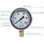 Pressure Gauge,Glycerin Liquid Filled,2.5" Dia,0-100 psi(Single Scale),1/4" NPT Brass Connection,Lower Mount, Stainless Steel Case,for Pneumatic,Pump,Hose,Well Tank,Gas Air Water Oil