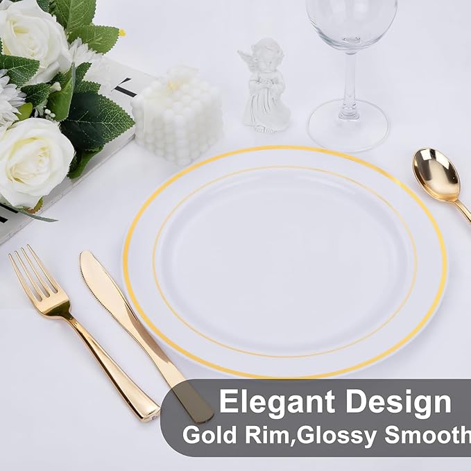 WELLIFE 72PCS Gold Plastic Plate, 10.25Inch Disposable Dinner Plate Party with Gold Rim, Heavy Duty Disposable Plastic Plates for Party, Wedding, Birthday and Christmas