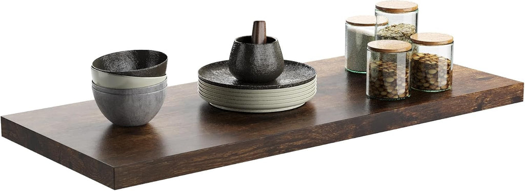 Wall Shelf Set of 1, Rustic Brown Floating Shelves 30 in W x 10 in D x 1 in H, Wooden Floating Wall Shelf with Invisible Brackets for Living Room/Bedroom/Bathroom/Kitchen Storage and Decor