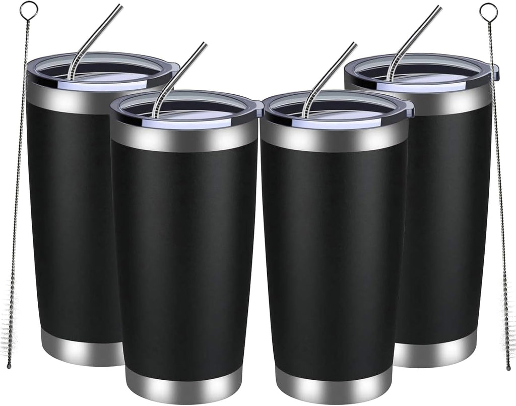 MEWAY 20oz Tumbler 4 Pack Double Wall Vacuum Insulated Travel Mug Bulk, Stainless Steel Tumblers with Lid and Straw, Durable Powder Coated Coffee Cups for Cold & Hot Drinks (Black, 4)