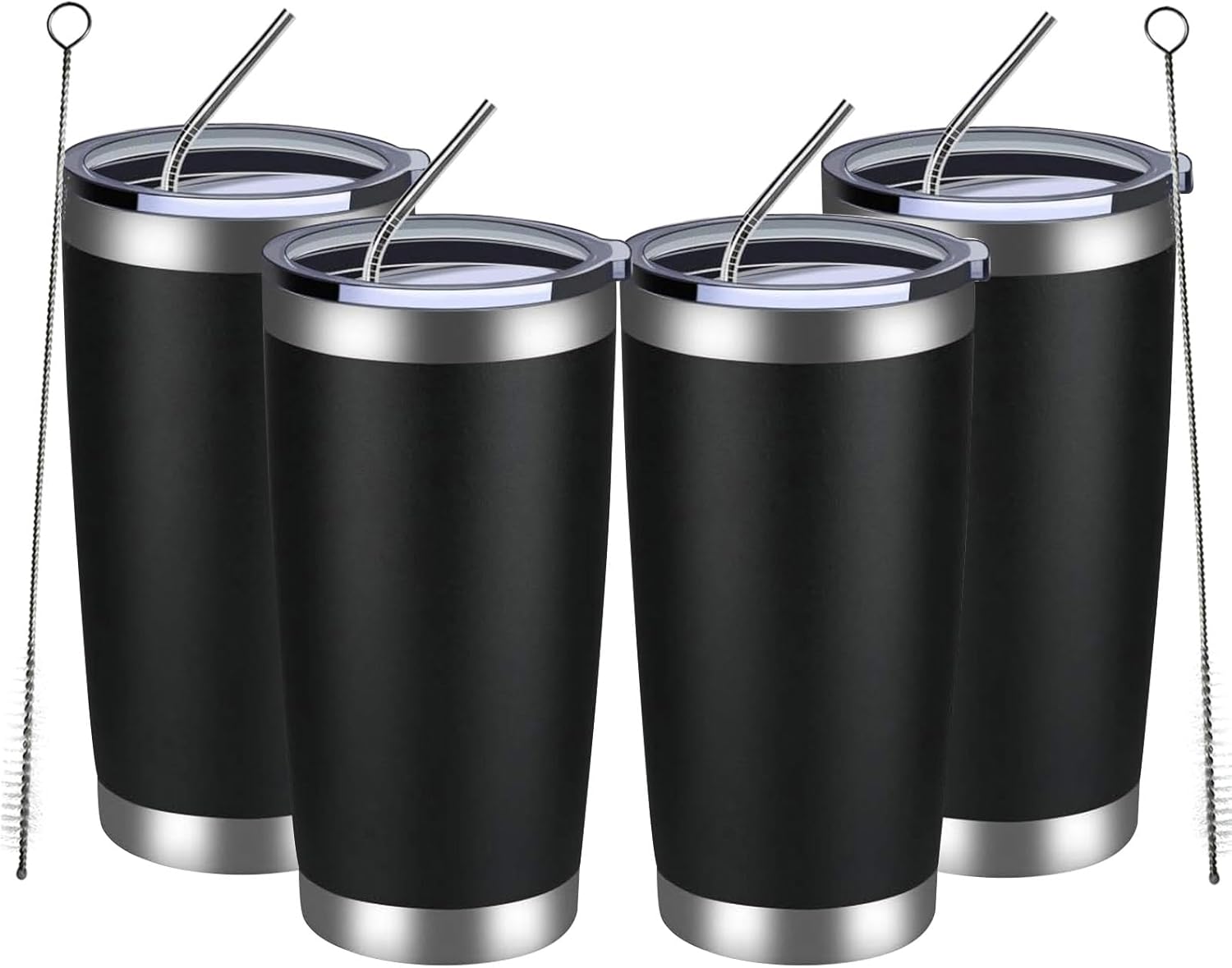 MEWAY 20oz Tumbler 4 Pack Double Wall Vacuum Insulated Travel Mug Bulk, Stainless Steel Tumblers with Lid and Straw, Durable Powder Coated Coffee Cups for Cold & Hot Drinks (Black, 4)