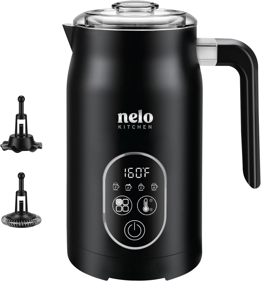 NELO Electric Milk Frother, 4 In 1 Digital Milk Frother and Steamer with Real-Time Temperature Control, Automatic Frother for Coffee, Latte, Hot Chocolate, Cappuccinos, BPA Free Stainless Steel, Black
