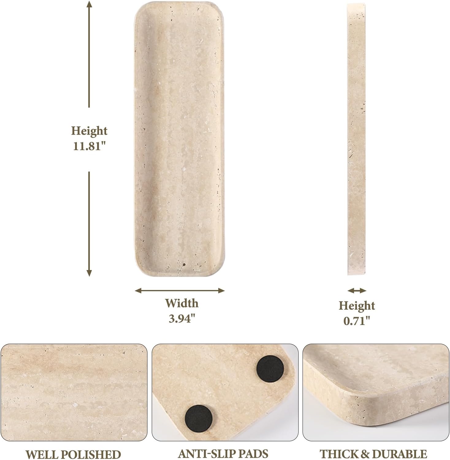 Koville Marble Tray, 12"x8" Marble Vanity Tray for Bathroom Kitchen Countertop, Rectangular Stone Tray for Cosmetics Perfume Trinket, Decorative Catchall Trays (12"x4"-Travertine)