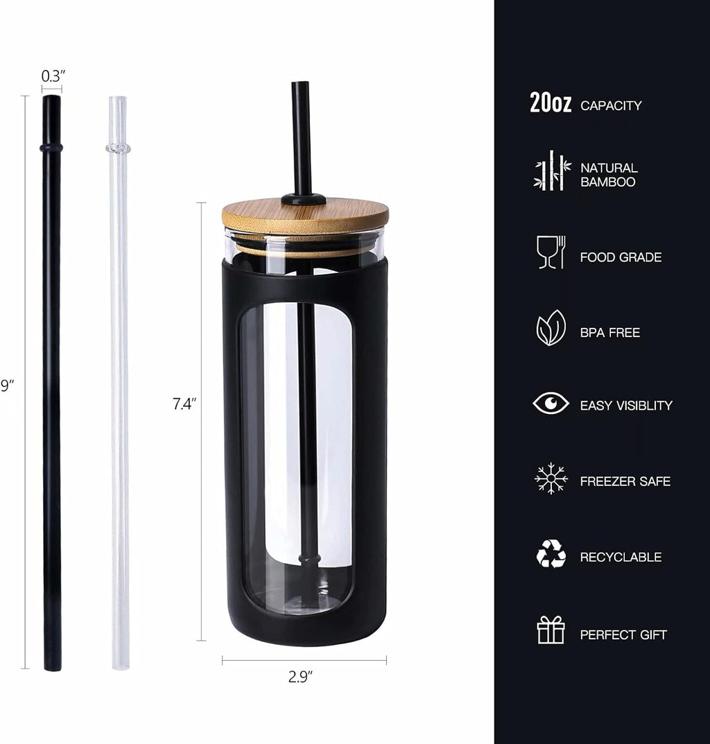 Kodrine 20oz Glass Water Tumbler with Straw and Lid, Bamboo Lids Water Bottle, Iced Coffee Cup Reusable, Wide Mouth Smoothie Cups with Protective Silicone Sleeve BPA FREE-Black